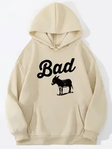 Women's Letter & Donkey Print Drawstring Pocket Hoodie, Casual Long Sleeve Hooded Sweatshirt for Fall & Winter, Women's Clothes for Daily Wear