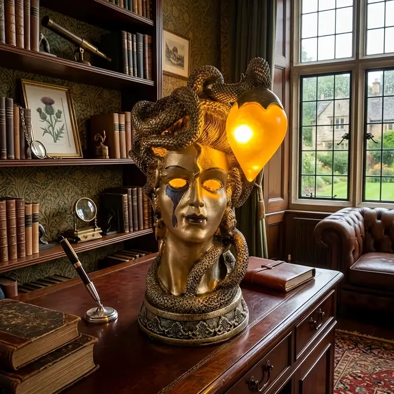 Medusa Table Lamp, Goth Snake Head Sculpture Desk Light with Glowing Eyes & Amber Bulb, Vintage Resin Gothic Decor Statue, Aesthetic Nightstand Lamp for Bedroom, Living Room, Office, Bookshelf & Unique Gift ,Gorgeous Medusa Head USB Lamp