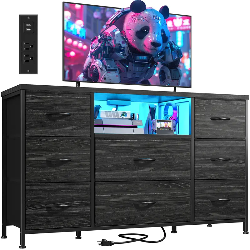 【Big Storage Cabinets】Raybee Furniture 8 Drawers Dresser,Large Capacity Storage Organizer with Wood Top & Metal Frame & Charging Station, Fabric Chest Organizer Unit with Fabric Bins,Modern Spacious Storage for Bedroom,Closet,Living Room,Entryway