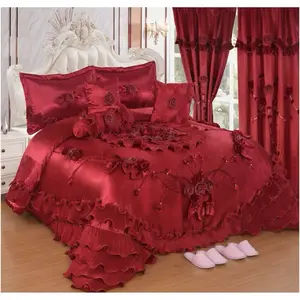 Wedding Set - Pink and White Bedding with Floral Design and Ruffled Edges