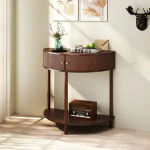 Handcrafted 3D Wave-Pattern Demi-Lune Console Table with Dual Drawers & Bottom Shelf Space-Saving for Entryway Living Room Bedroom & Hallway Stable Design Cream White Dark Gray
