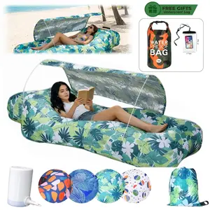 Inflatable Lounge Chair with Sun Shade UPF50+ UV Protection Fast Inflation Air Lounger for Beach Pool Camping Outdoor Relaxation