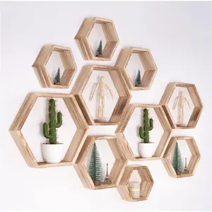 Hexagon Floating Shelves - Honeycomb Wall Mounted  Farmhouse Storage for Bathroom, Kitchen, Bedroom, Living Room - Driftwood Finish Decor, Light Brown