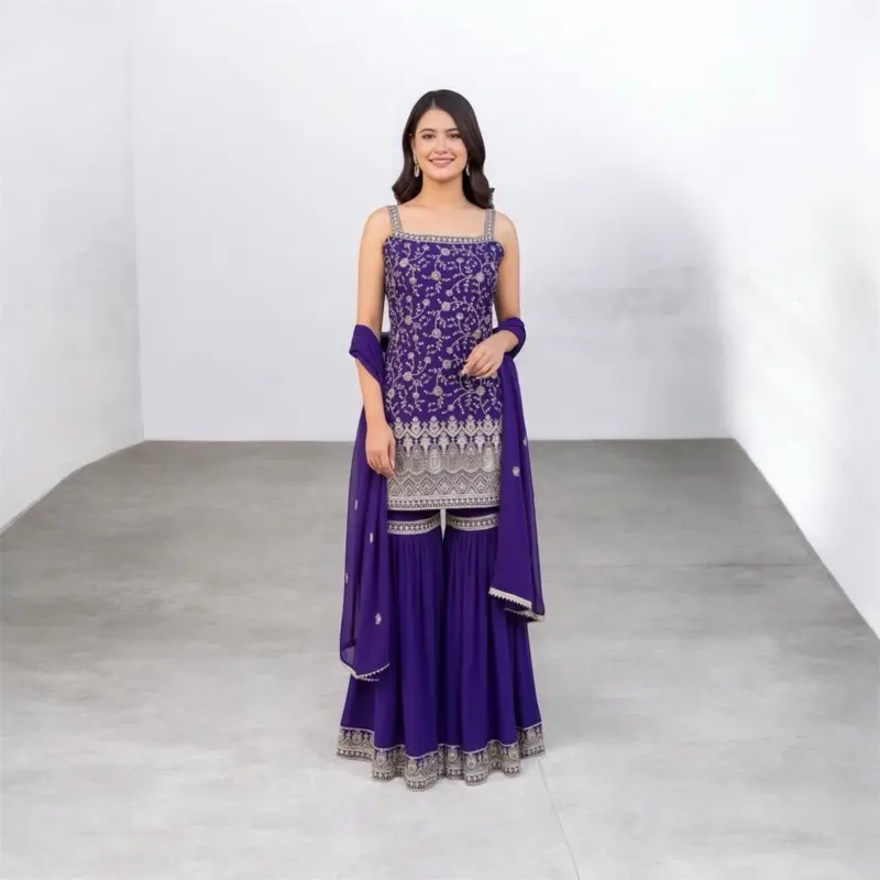 Sleevless Garara Set Light Weight Comfortable Perfect for Summer Occasions or Parties in Purple with Embroidered Details
