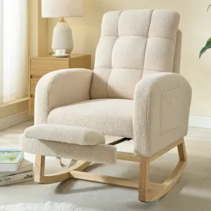 Modern Nursery Rocking Chair, Teddy Upholstered Rocking Chair with Footrest, Comfortable Rocker Recliner with Side Pocket, Rocker Glider for Living Room, Bedroom, Nursing Room