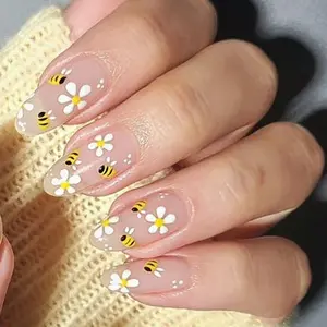 Spring Summer Essential! Nude Daisy Bee Cute Nail Art, Flower Nails, Long Almond Shape False Nails, 24pcs Wearable Nails, Perfect for Daily Use, Flower Design Nails