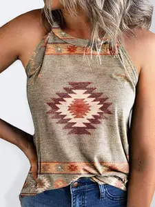 Women's Vintage Print Halter Neck Casual Sleeveless Tank Top