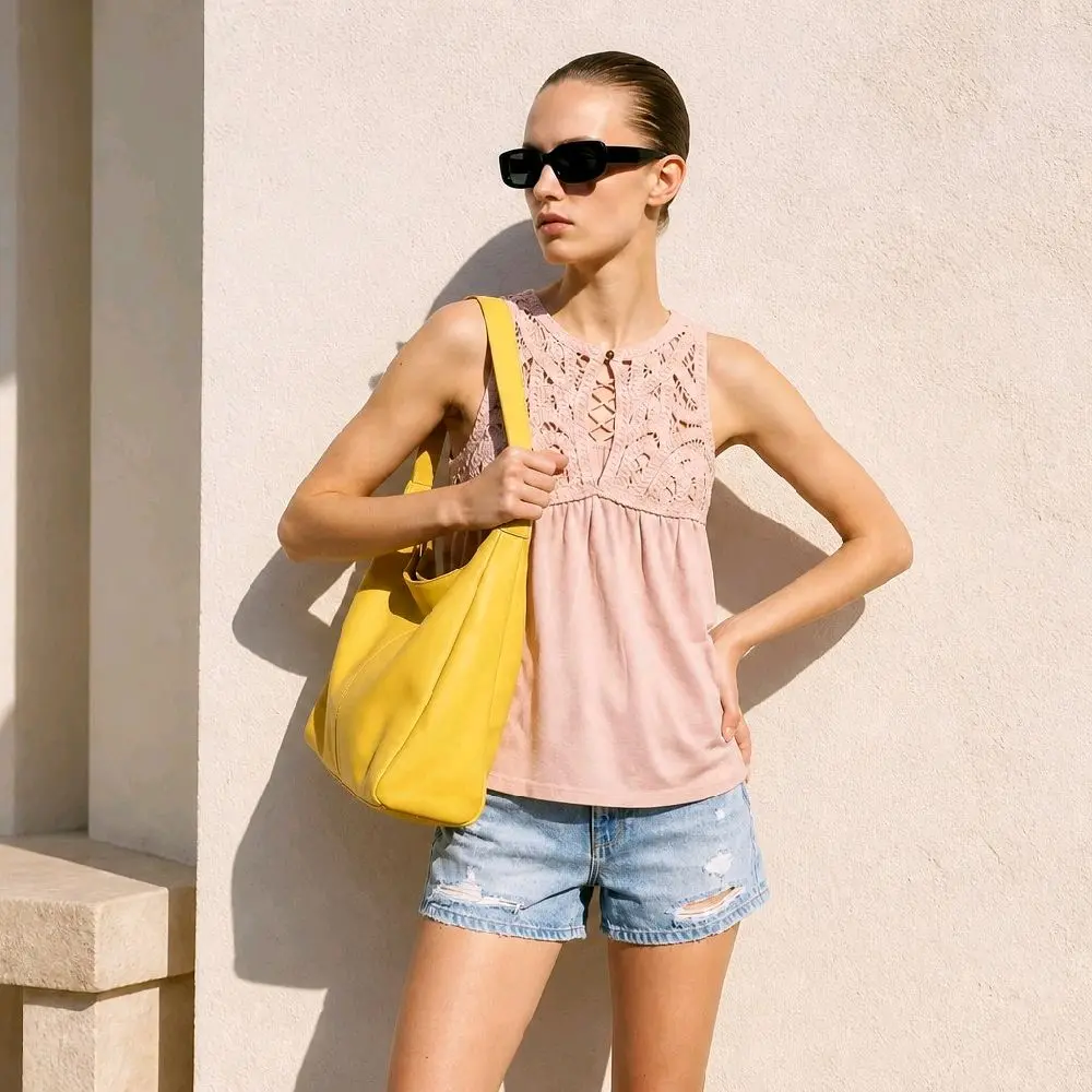 Boho Chic Pink Crochet Yoke Sleeveless Tank Top - Size Medium (8-10)
