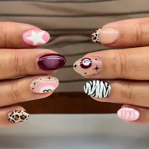 24pcs Oval Short Fake Nails, Retro American Style, Star Leopard Zebra Patterns, Reusable, Multiple Sizes, Includes Glue and File