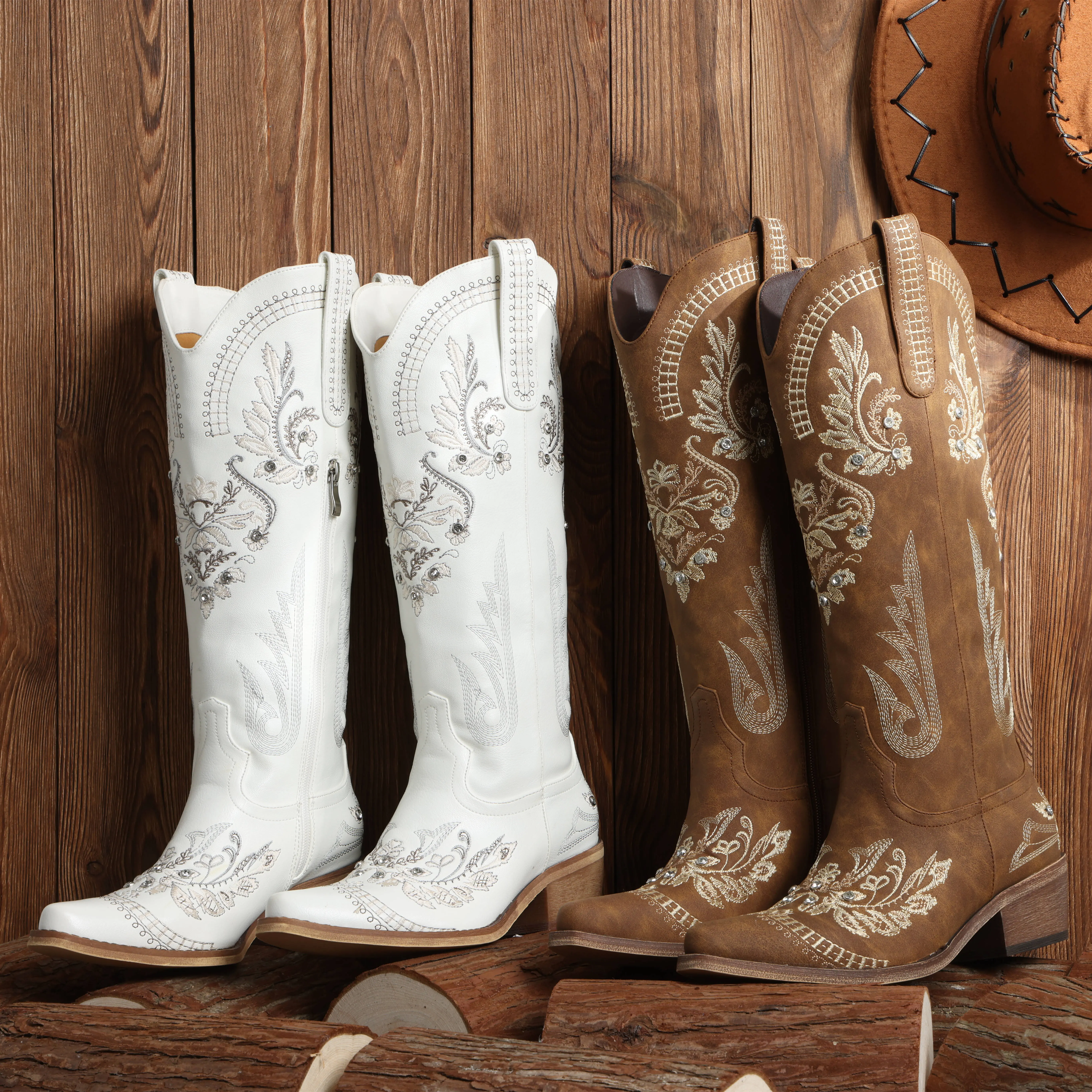 【Rodeo Boots】Pasuvo Cowboy Boots for Women - Sparkly Rhinestone Western Boots with Classic Embroidery, Pointed Toe Pull On Zipper Retro Fashion Tall Boots,Botas Girl Shoe Walking Shoes Footwear Comfort Decor