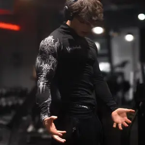 Men’s Dark-Style Heat-Pressed Personalized Sports Casual Fitness Jacket — Slim-Fit Quick-Dry Zip-Up Long-Sleeve Training Jacket, Compression Activewear Workout Shirt