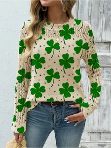 Women's Four-Leaf Clover Plant Print Stand Collar Sweater, Fall Winter Casual Long Sleeve Knitwear, Comfortable Warm Daily Wear