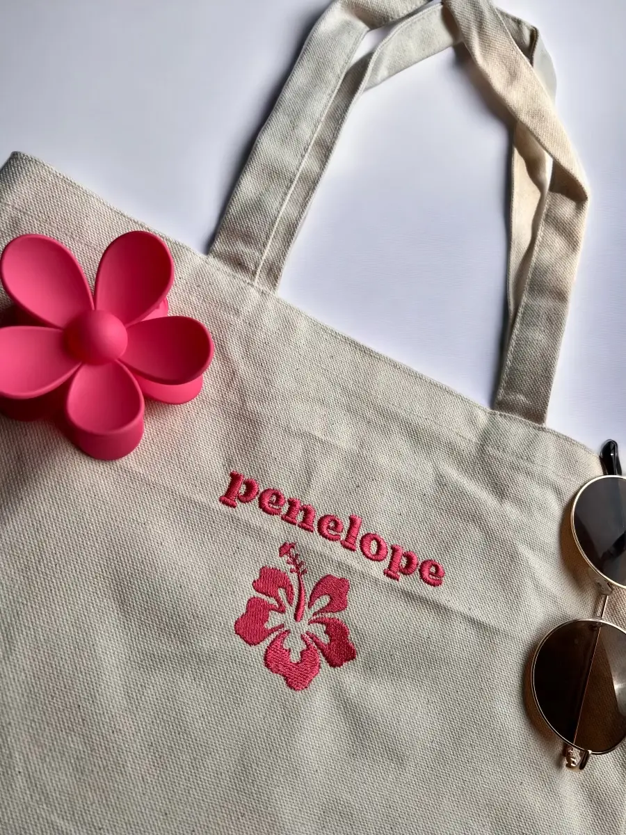 Custom Name Hibiscus Flower Embroidered Tote Bag