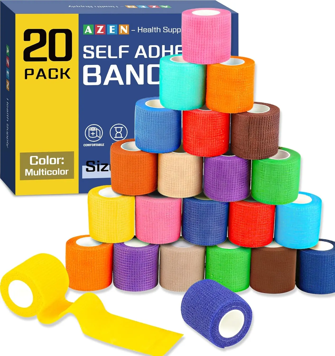 AZEN 20 Pack Self Adhesive Bandage Wrap, Elastic Cohesive Bandage Wrap, Color Athletic Tape, Vet Wrap, Ankle Tape