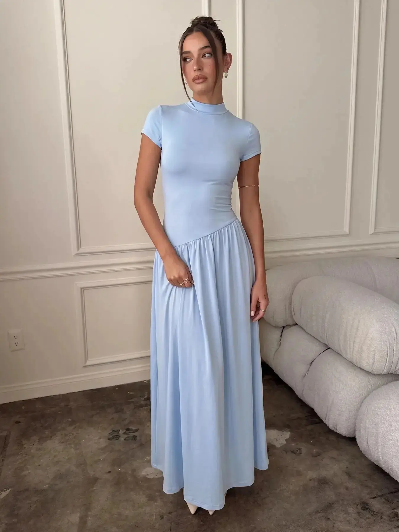 Mock Neck Maxi Dress, Short Sleeve Drop Waist Flare Skirt, Minimalist Old Money Casual, Elegant Long Dress for Women, Casual Comfy Chic, Casual Everyday Dress, Casual Dresses