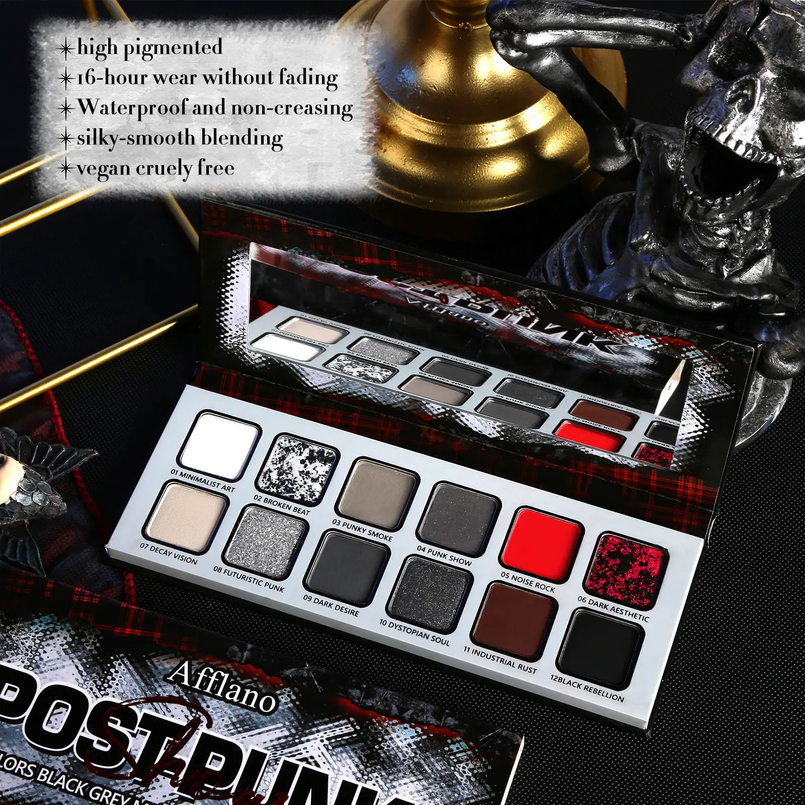 Afflano Red & Grey Cool Toned Smokey Eyeshadow Palette - Vegan, Highly Pigmented, Long Lasting, Waterproof Cosmetic for Adults' Flawless High Contrast Gothic, Cool Toned, Red Makeup Looks Gift with Easy Application