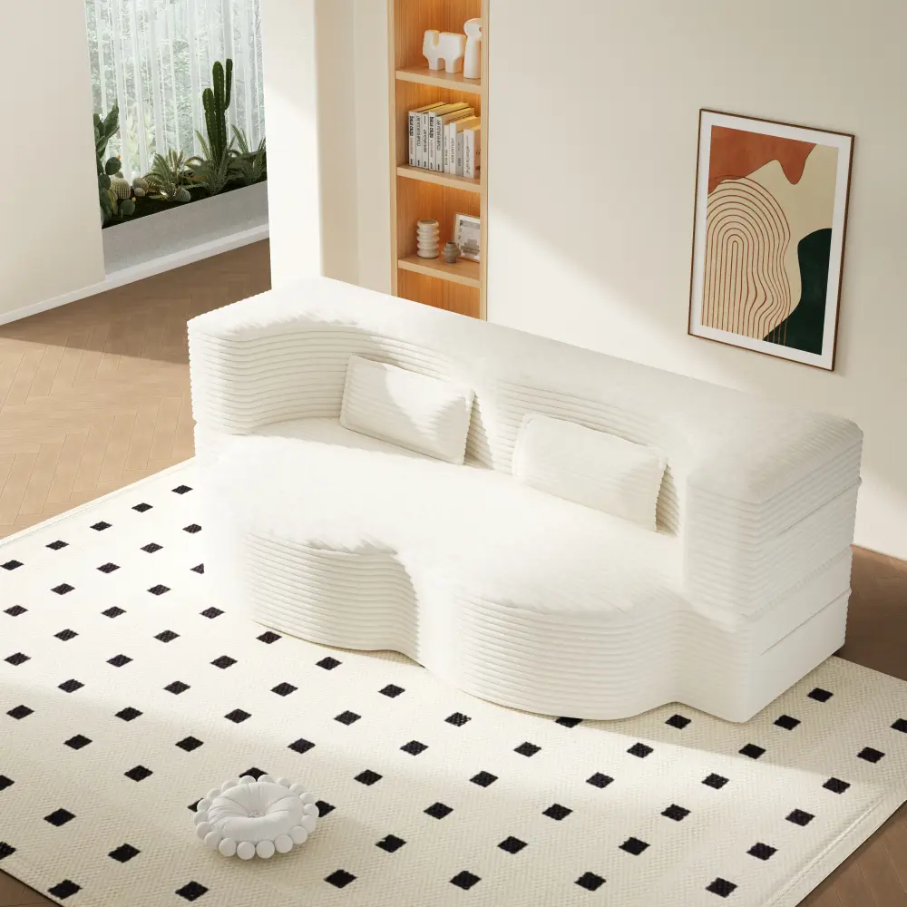 Modern Floor Sofa with 2 Pillows, Convertible Corduroy Fabric Foam-Filled Sleeper Sofa Bed, 15" Twin Size Folding Mattress for Living Room, Guest Bed, Playroom, no Assembly Required Modern Floor Sofa with 2 Pillows, Convertible Corduroy Fabric Foam-Filled Sleeper Sofa Bed, 15" Twin Size Folding Mattress for Living Room, Guest Bed, Playroom, no Assembly Required