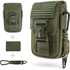 F-PHP09  Tactical Molle Phone Pouch with Compass Buckle, Tactical Phone Holster Molle Cell Phone Pouch Universal Belt Waist Bag for IP 15/14/13 Pro Max / S22/S21 with US Patch & Paracord Keyring Clip