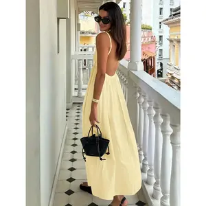 Summer women's backless thin shoulder strap dress solid color casual beach degree pretendRAIMENTRY