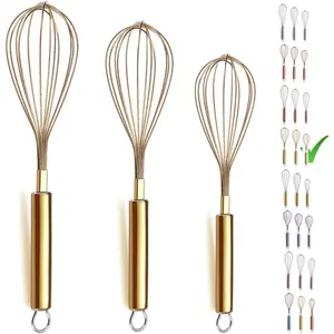 Gold Whisk Pack of 3 Stainless Steel 8",10",12", Titianium Plating Gold Whisks for Cooking, Beater,Wire Whisk Set Kitchen Wisk (Gold)