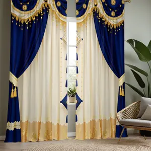 2pcs Blue and white court-style imitated double-layer curtain pattern Curtain Set, Window Curtain, High-Definition Digital Print, Semi-Transparent Polyester, Washable, Bedroom and Living Room Decor