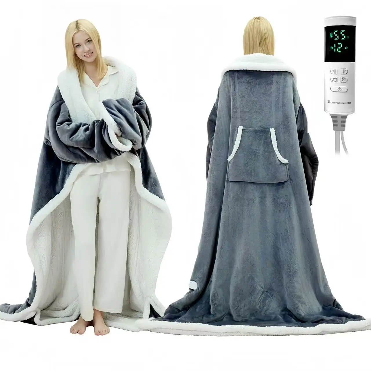 Wearable Heated Blanket with Foot Pocket - Electric Blanket Throw with Sleeves for Christmas Gift, Heated Snuggle for Women or Adults, Heated Robe with Multi Heat Settings, 1-12 Hours Auto Shut Off(50''x70'' Grey&Black)