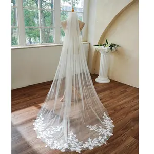 1 Tier Chapel Length Lace Applique Handmade  Wedding Bridal Veil with Metal Comb for Bridal
