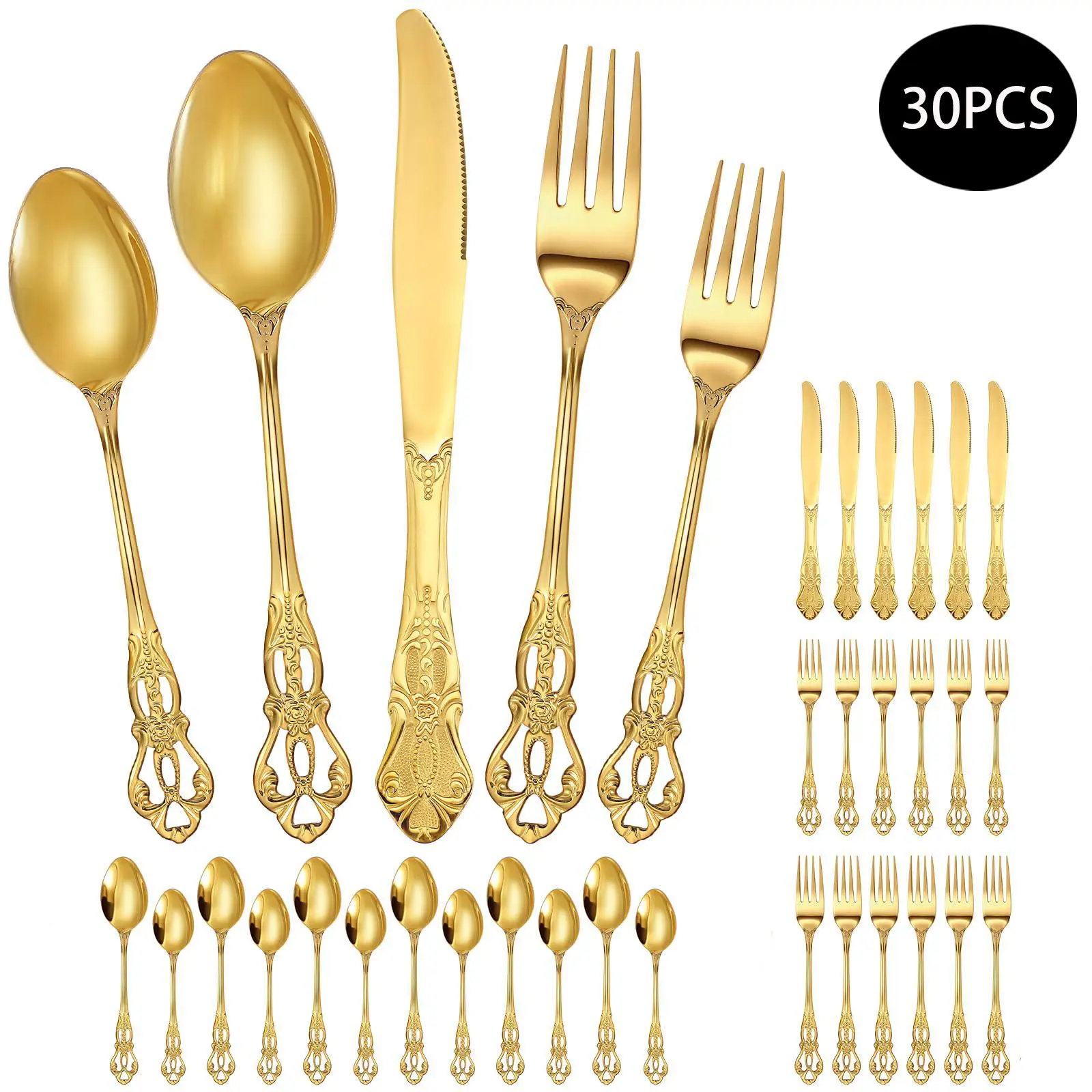 30 PCS Stainless Steel Gold Cutlery Set,Kitchen Set Cutlery,Including Knives, Forks, Spoons, Dessert Spoons and Dessert Forks,Gold Dinnerware Sets Durable and Dishwasher Safe,suitable for Home & Restaurant Use