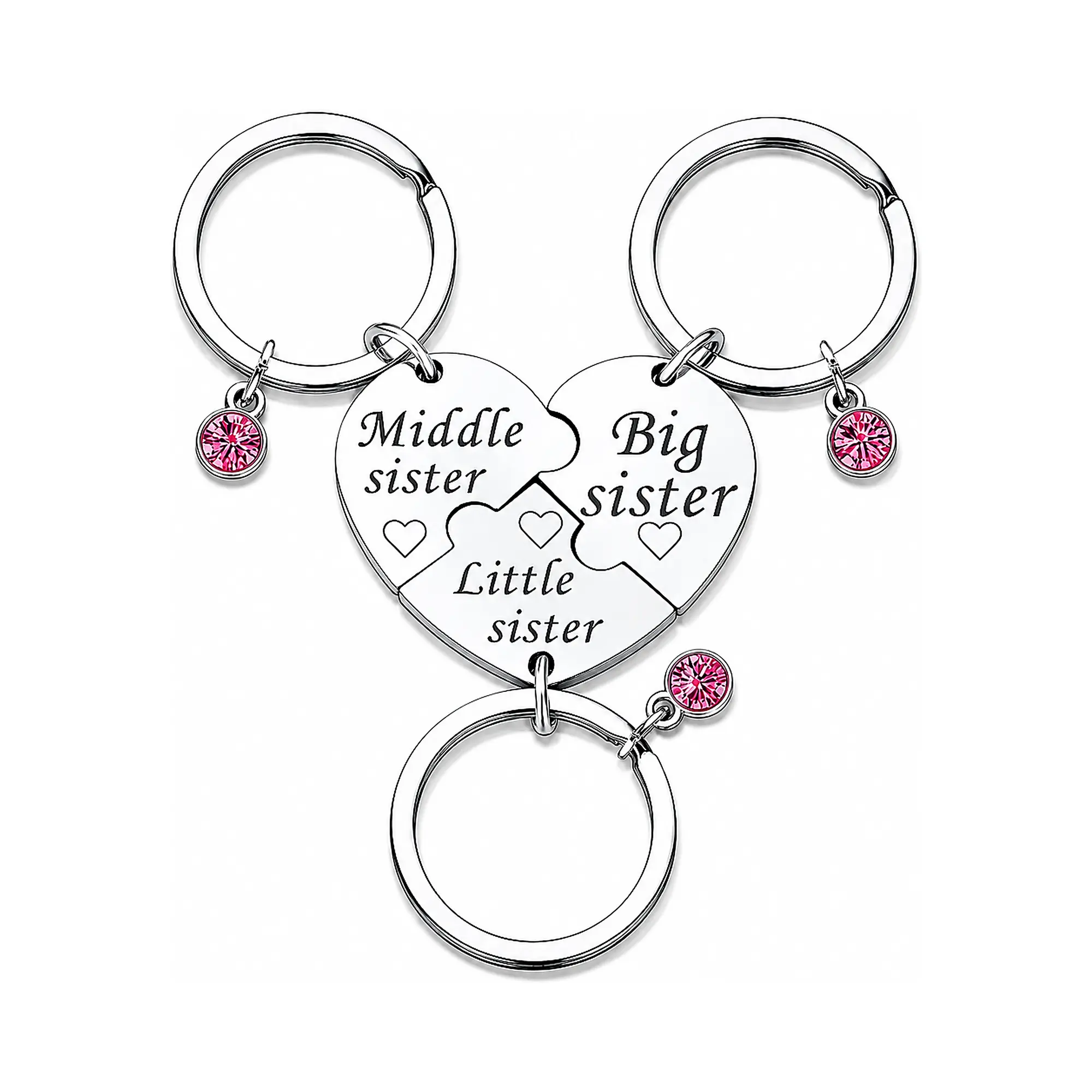 3PCS - Sister Keychain Set Gift for Big Middle Little Sisters Birthday Graduation Christmas Sisters Day Gifts - Stainless Steel Puzzle Heart Keyring with Pink Crystal Charm, Matching Sisterhood Gift - Veyla