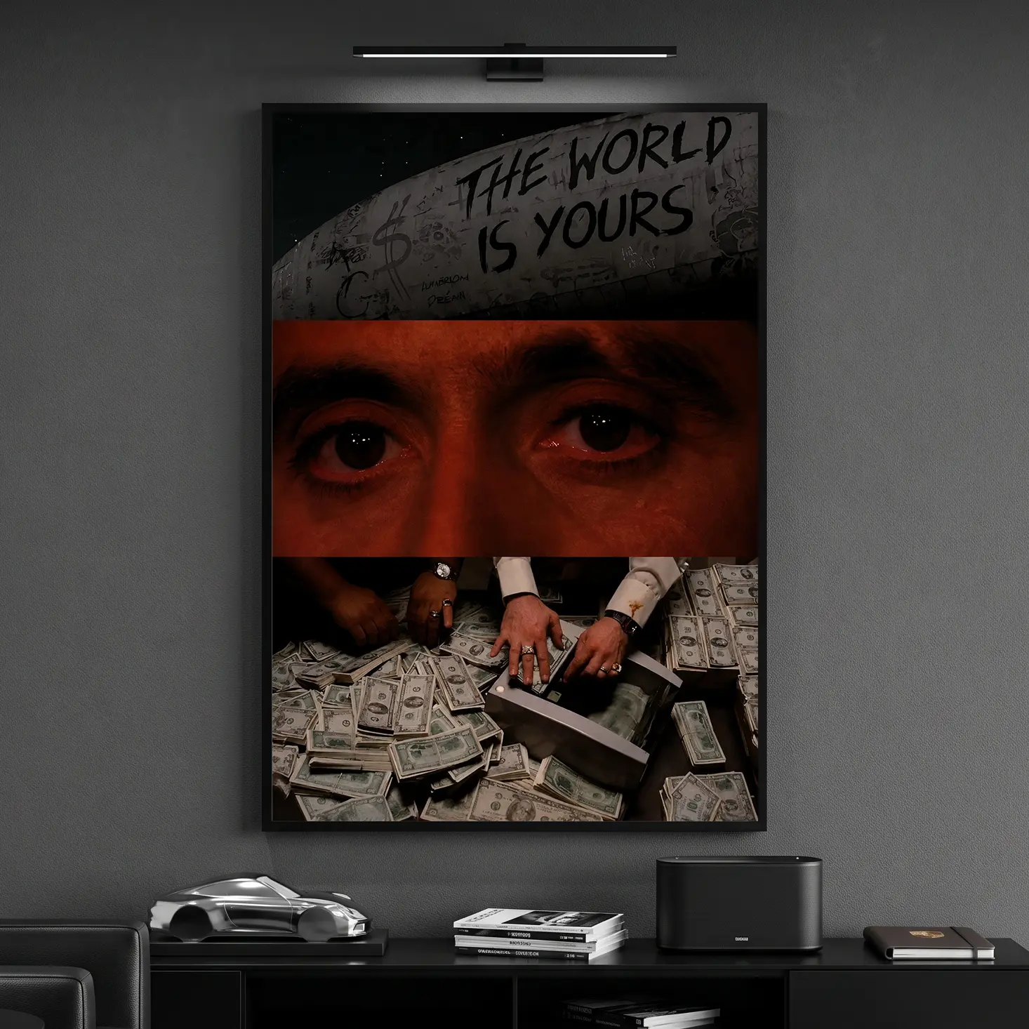 Scarface Tony Montana "The World Is Yours" Framed Tri-Panel Wall Art Print - Vintage Gangster Movie Montage Poster with Cash Stacks, Iconic Quote, Minimalist Hanging Artwork for Bedroom, Man Cave House Decor