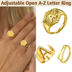 FindChic Initial Ring  Open Adjustable Letter A-Z Band Ring Band Golden Hexagon A-Z 26 Letters Ring Jewelry Stackable Signet Rings For Women Men Girlfriend Boyfriend