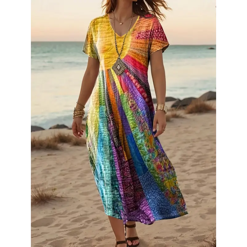 summer  new style dress unique curvy women Elegant Loose Women'S Stylish Tie-Dye Beach Dress - Vibrant Rainbow Print, Short Sleeve, V-Neck, Polyester Maxi for Summer Vacation, Attire|Vibrant Print Dress|Polyester Fabric