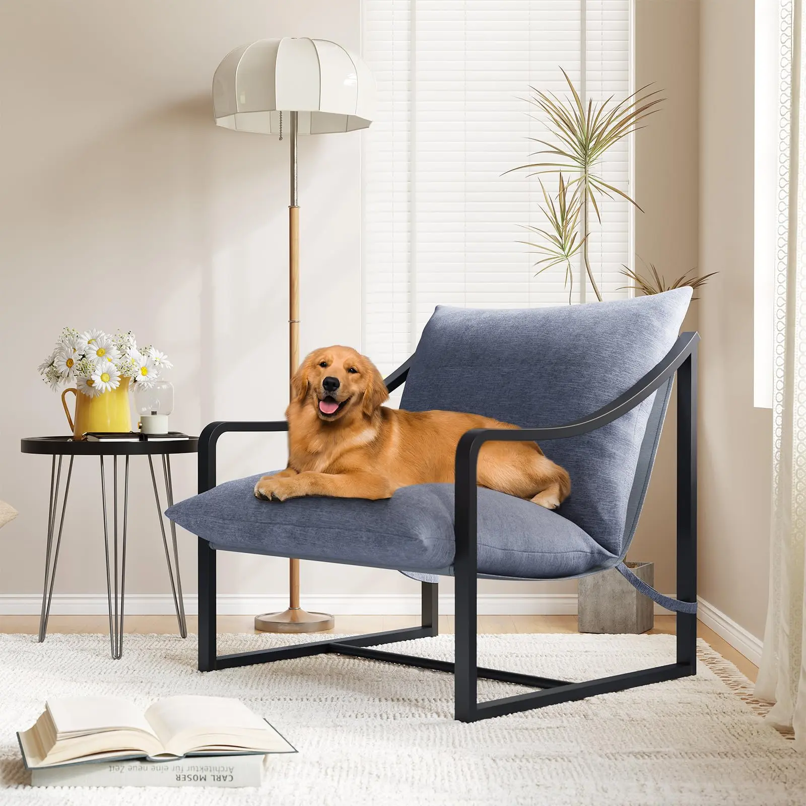 Modern Accent Chair with Metal Frame & Armrest, Upholstered Reading Chair with Soft Foam Cushion, Sling Lounge Chair for Living Room, Bedroom, Office, Apartment, Cozy Armchair Gray
