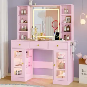 Modern Makeup Vanity Desk with LED Mirror, RGB-Lighted Drawers, Glass Top, Power Outlet, Storage Shelves & Cabinets, Stylish Illuminated Multi-Light Modern Makeup Vanities for Bedroom, White