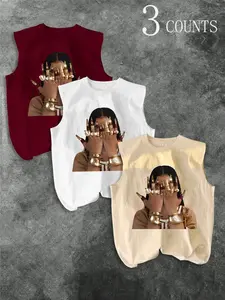 Men's Three-Piece Trendy Casual Sleeveless Vest Set, Face-Wiping Woman Graphic Print, Perfect for Summer, Vacation, Friend Gatherings