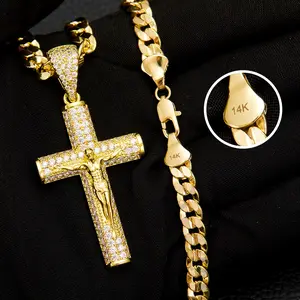 Beam Jewelry 14K Real Gold-Plated Cross Necklace for Men,woman,Advanced coating technology rust-proof  Figaro Rope Concave Chains with Jesus Crucifix Pendant, 22 inches ,24 inches , Christian Religious Jewelry Gift