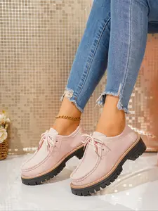 Elegant Loafers Spring Fall All-Seasons Fashion Leather High-Quality British Style Lace-Up Round Toe Thick Sole Women Shoes Pu Leather Loafers