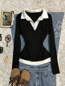 Women's Colorblock Patchwork Faux Two-Piece Shirt Collar Slim Fit Long Sleeve Top, Basic Simple Comfortable Casual Daily Wear, Versatile Aesthetic Stylish Blouse