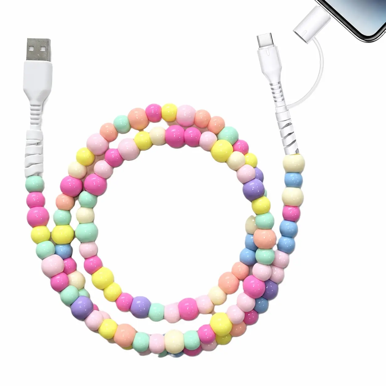 2-in-1 Cute Multicolor Beaded Charging Cable - USB-A to Dual-Head (Type-C & Lightning), Compatible with Smartphone, Cellphone & Electronic Devices for iPhone 17/16/15/14/13 Dual Ports