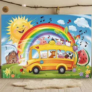 Wheels On Bus Theme Party Banner 1pc Polyester Decor for Home Room Wall Photo Booth Props Outdoor Event Background Cloth,summerwins