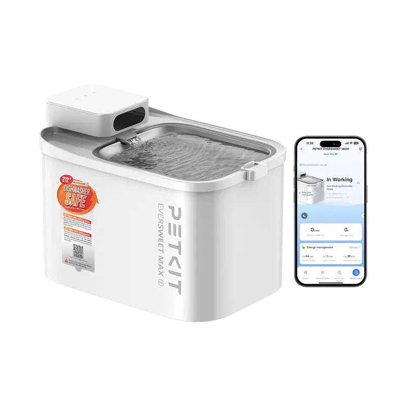 PETKIT EVERSWEET MAX 2 Dishwasher Safe Pet Water Fountain - Cordless Automatic Cat & Dog Fountain with Motion Sensor, Smart App Control, 5000mAh Battery, Continuous Flow Mode, 3L/101oz, Stainless Steel Tray, Easy to Clean for Bedroom & Balcony