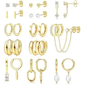 13 Pairs Small Stud Hoop Earrings Set for Women Hypoallergenic Gold Plated Huggie Hoops Pearl Dainty Lightweight Earrings for Gift