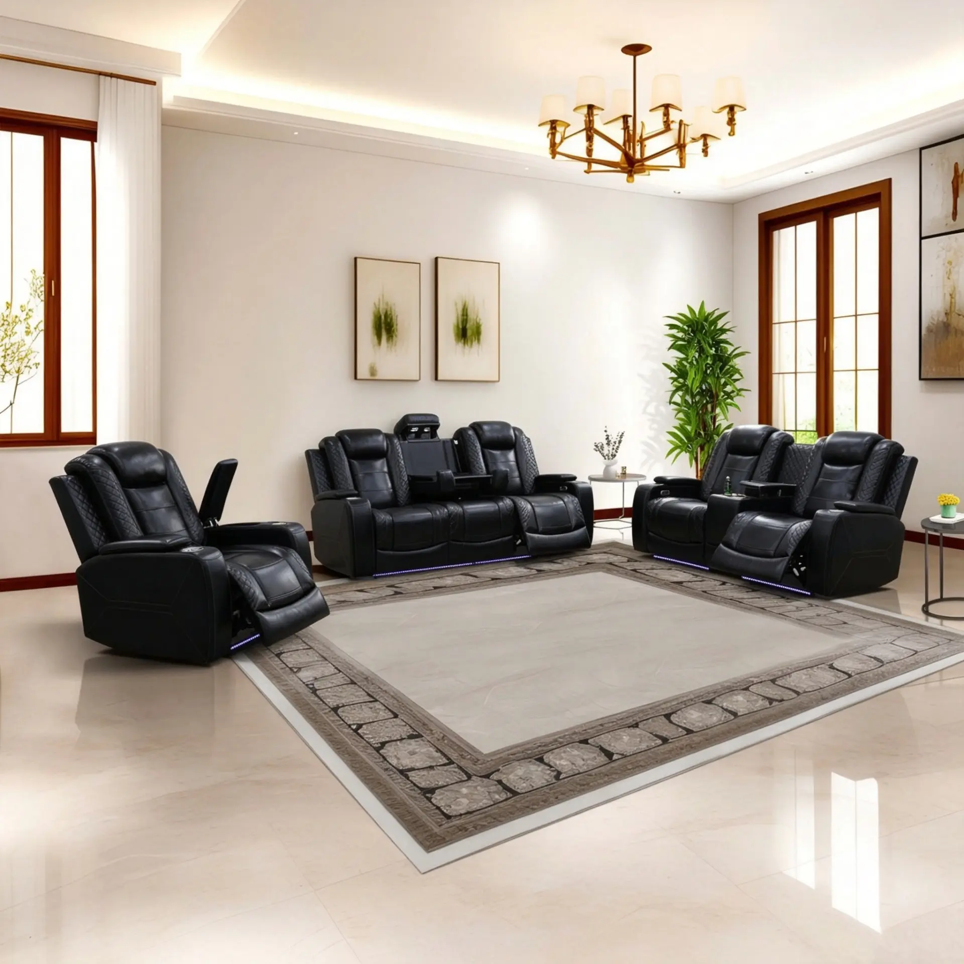 Luxury Black Breathable Leather 3-Piece Modular Power Recliner Sofa Set - Electric Reclining Theater Couch with Blue LED Strip Base Lights, Drop-Down Console, Foldable Tray, Dual Cup Holders, USB Ports, Diamond Quilting for Living Room, Home Cinema