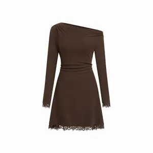 Cider Asymmetrical Neck Long Sleeve Lace Trim Mini Dress