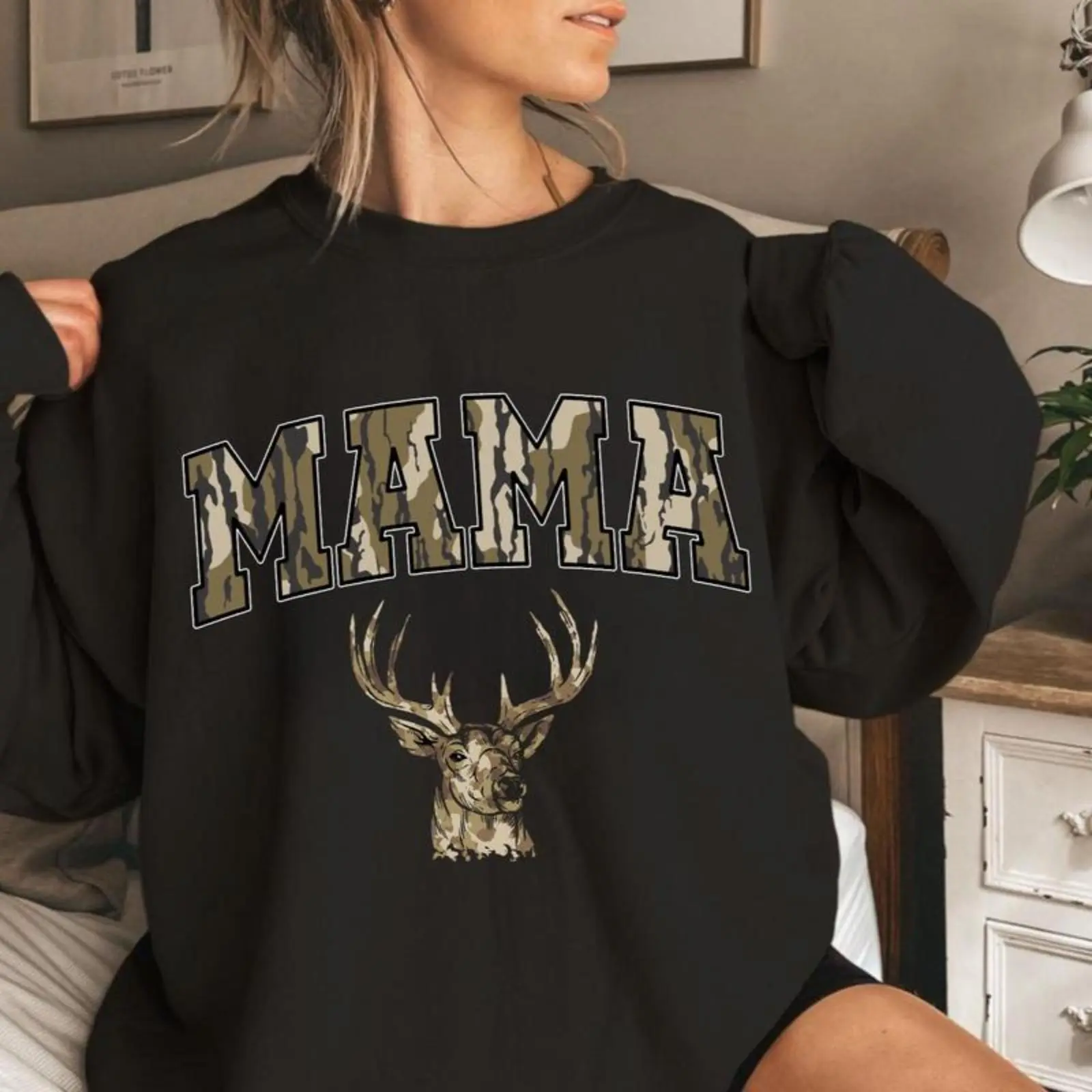 Vintage Mama Deer Hunting Camo Bottomland Pattern Crewneck Sweatshirt, Mama Hunting Season Tee Womenswear, Mother's Day Gift Hoodie Prints