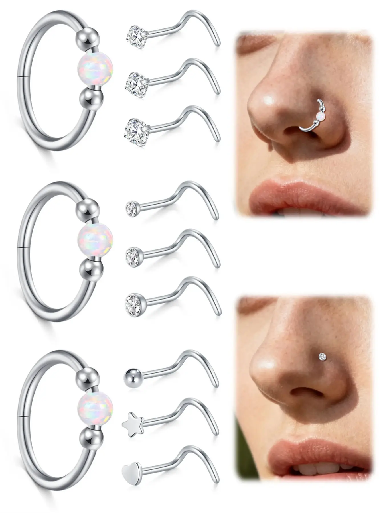 Opal Nose Ring S-Shaped Cz Stud, Hypoallergenic Surgical Steel, Suitable for Nose Ring, Septum Ring, Cartilage Ear Stud, Exquisite Gift, Septum Piercing, Nosering, Body Jewelry