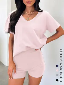 Women's Summer V-Neck Short Sleeve T-Shirt & High-Waisted Shorts Set, Casual Sportswear, Workout Sets, Sporty Comfy Breathable, Perfect for Sports & Daily Wear