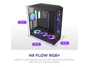 NZXT H9 Flow RGB+ (2025)  Large Dual-Chamber ATX Mid-Tower Airflow PC Case  Includes 7 RGB Fans (6 x 140mm, 1 x 120mm) & Control Hub  420mm Radiator Support  Back-Connect Ready  Black
