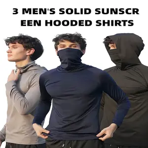 OKP 3 Pack UPF Men's Sun Protection Hoodie with Mask Long Sleeve T-shirt Hoodies, Breathable Quick Dry Lightweight Fishing Shirt, Outdoor and Indoor Activities, Hiking and Running Sportswear, Hoodies Men Clothing Training