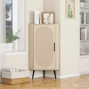 Corner Cabinet ,Rattan Door,Freestanding Corner Tables for Small Spaces, Corner Shelf Stand for Living Room, Kitchen, Bedroom